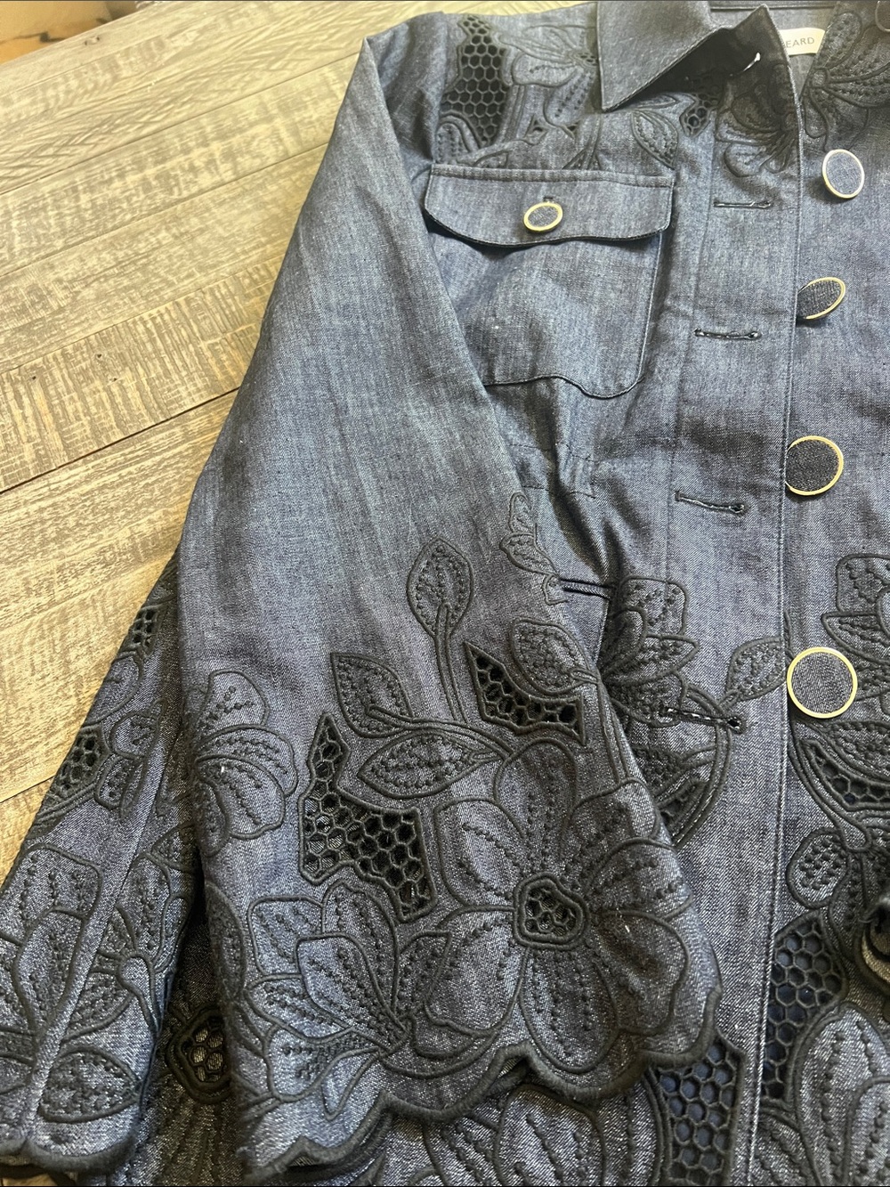 Veronica Beard Black Floral Embroidered Button-Up Jean Jacket - Picture 2 of 14